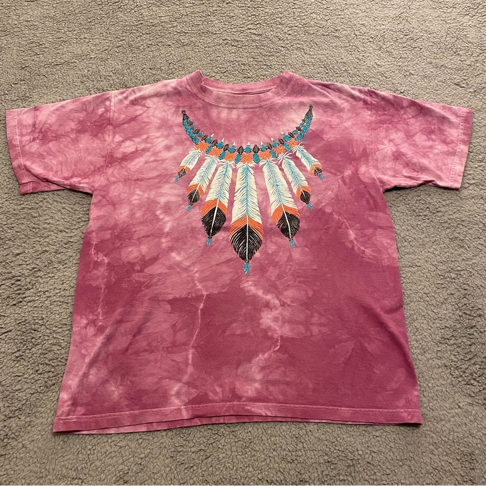 Vintage Feather Necklace Shirt Adult M Pink 90s Native American Jewelry Tie Dye
